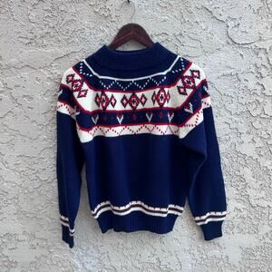 Vintage 70s JCPenney Fair Isle Sweater Acrylic Navy Red White Size Womens Small